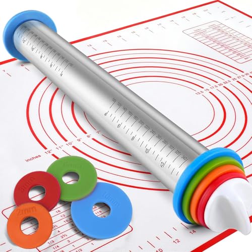 Catálogo de Masa del mes. 34 YUZITEC Rodillo de Masa Ajustable de Acero Inoxidable, Juego de Rodillo y Alfombrillas de Silicona para Repostería con 4 Anillos Intercambiables y Tapete de Silicona, para Pizza,...