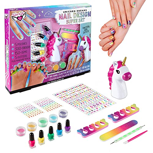 Fashion Angels Unicorn Dreams Nail Design Super Set - 5 Water Based Peel Off Nail Polishes, Battery Operated Nail Dryer, Cosmetic Grade Glitter, 300 Nail Decals, 150 3D Nail Gems - Ages 8 and Up