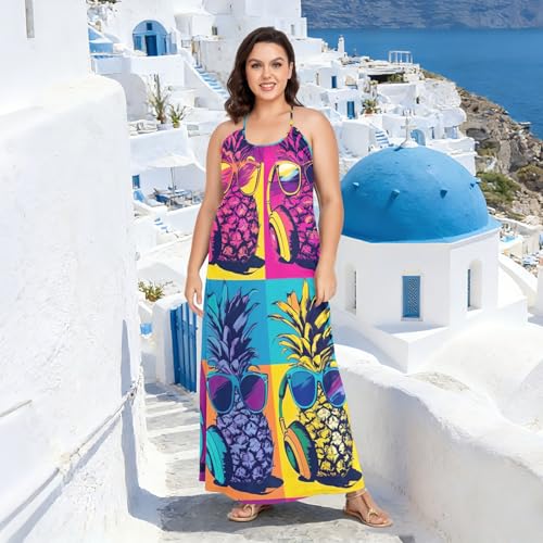 Robe longue à bretelles spaghetti dos nu motif ananas