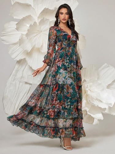 Image of TOLEEN Summer Casual Dresses for Women 2024 Spring Fashion Boho V Neck Long Sleeve Ruffle Floral Print Elegant Maxi Dress