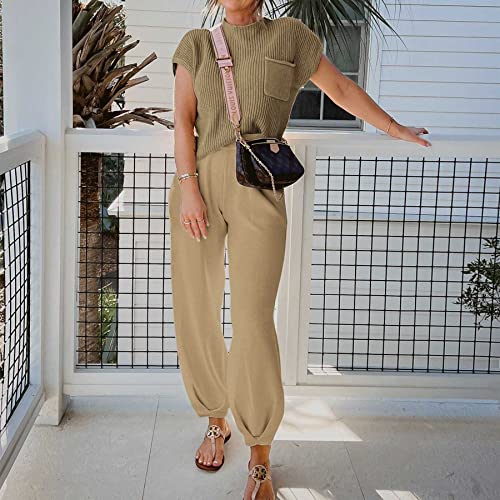 Ainangua Women's Casual Two Piece Outfits Sweater Sets Knit Pullover Tops High Waisted Harem Pants Lounge Sets(Khaki,L) #TOP2