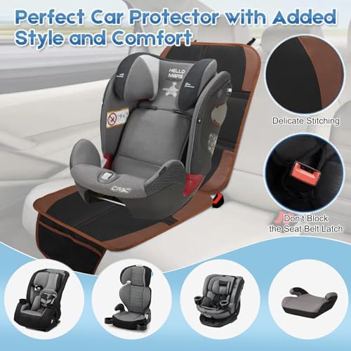 Image of Car Seat Protector for Child, 2 Pack With Mesh Pockets & Non-Slip Backing 600D Durable Under Baby Seat Cover for Back Seat (Dark Brown, Standard)