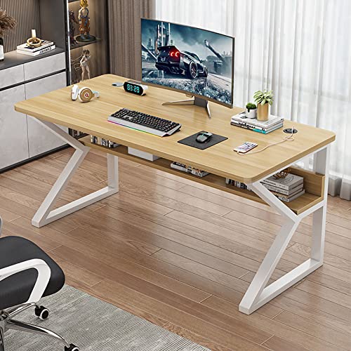 Escritorio ergonómico en forma de K para computadora, puertos USB y gestión de cables, mesa de juegos para oficina en casa, estudio y estación de trabajo, 80 x 60 x 76 cm, elegante diseño amarillo