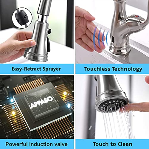 Appaso Touchless Kitchen Faucet, Motion Sensing Activated Hands-Free Kitchen Faucet With Pull Down Sprayer, Single Handle Smart Hands-Free Stainless Steel Brushed Nickel, Easy To Install & Spot Resist #TOP1