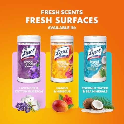 Image of LYSOL Disinfecting Wipes, All Purpose Cleaner, Multi-Surface Antibacterial Cleaning Wipes, Household Cleaning Supplies, Dorm Essentials, Mango & Hibiscus Scent, 80 ct.