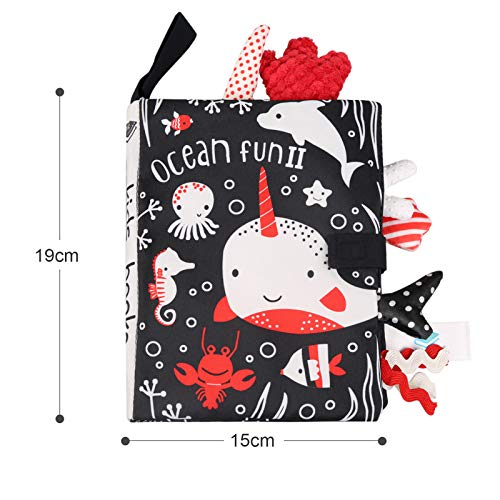 LEADSTAR Black and White Baby Book, High Contrast Baby Cloth Book Toys Soft Activity Crinkle Sensory Bath Books Newborn Educational Learning Cards with Padded 3D Animals Tails for Babies 0-3 Years Old