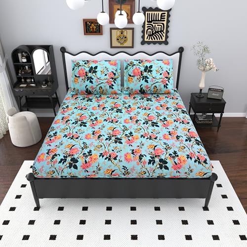 Image of Mafatlal Saanjh 144 TC Summer Ready Cotton King Bedding 108x108 Inch | Cooling Air Circulation Fabric | Elegant Floral Print | Ethnic Look | Lightweight Bedroom Essential | Pillow Cover | Tinted Aqua