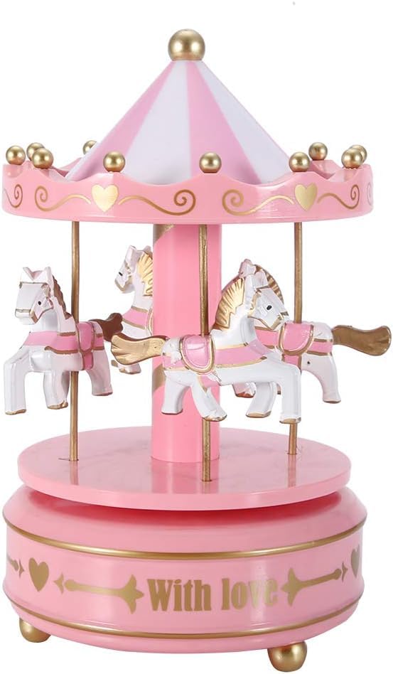 Carousel Music Box with Horses – Vintage Rotating Merry-Go-Round, Handcrafted Musical Toy for Girls, Birthday with Love Design (Pink)