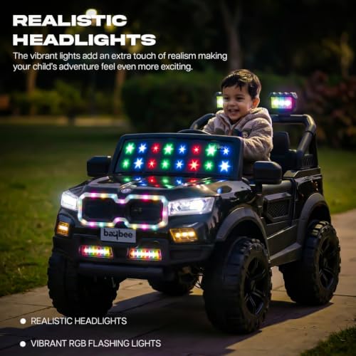 Image of Baybee RogueX Battery Operated Jeep for Kids with Parental Control | Baby Ride On Electric Car with RGB Lights, Music & Swing Mode | Rechargeable Battery Car for Kids 2 to 6 Years (Metallic Black)