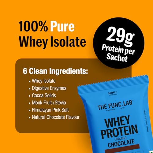 Image of The Func. Lab Whey Protein Isolate - Chocolate Travel Packs | (4 * 35g Sachets) Pack of 2 | Grass‑Fed, 29g Protein per Scoop | High Protein Supplement with Digestive Enzymes for better Absorption