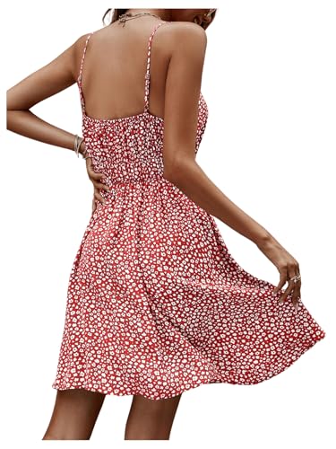 Image of SweatyRocks Women's Boho Floral Print Spaghetti Strap Cami Dress Casual Flare Short Dresses Rose Red M