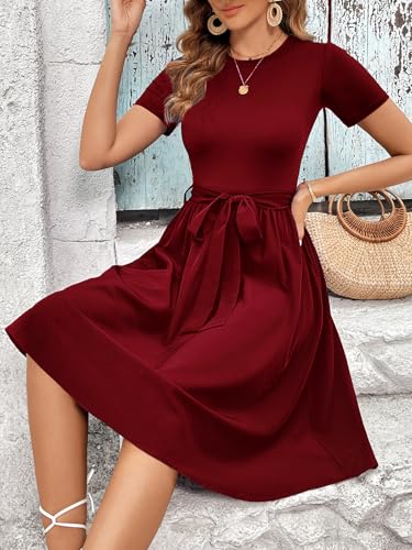 Image of Women's Elegant Vintage Round Neck Short Sleeve Summer Casual Work Party A-Line Dress with Belt 809