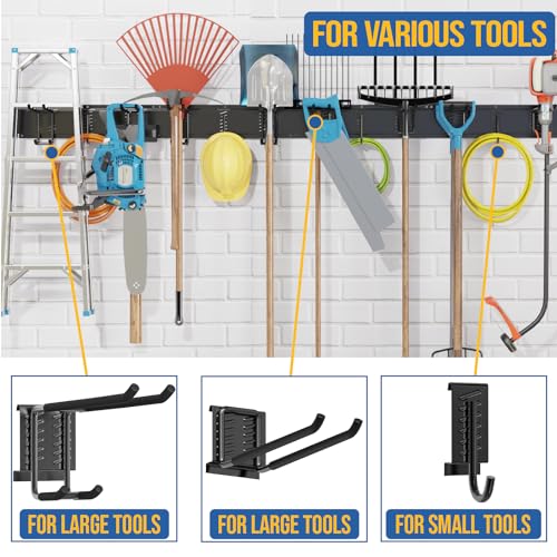 Volitaous-64Inch-Garage-Garden-Tool-Organizer-Wall-Mount-Heavy-Duty-Garage-Storage-Rack-Adjustable-Mix-12PC-Metal-Hooks-for-Yard-Tool-Organizer-Garden-Tool-Rack-Max-400Lbs