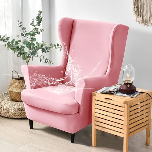 Hixingo Funda de Sillón de Orejas Elástica, Fundas para Sillones Orejeros 2 Piezas con Funda de Cojín, Color Sólido Funda de Sofá Relax para Salón, Hotel (Rosa,One Size)