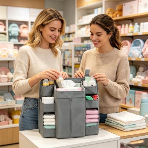 Organizador de almacenamiento de pañales colgante multibolsillos para cuna de bebé 3