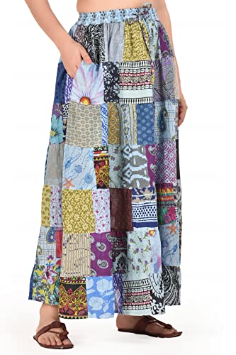 Women's Hippie Bohemian Indian Patch Maxi Long Gypsy Cotton Skirts with Right Hand Side Pocket, One Size Fits All(Waist 26-36 inches) Blue3