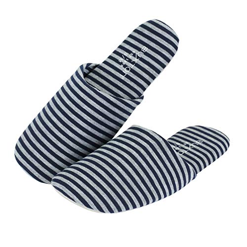 Buxton Cozy Lightweight and Foldable Indoor Slippers for Womens and Mens(Unisex), Memory Foam Cotton Slippers with Mesh Bag-for Home,Travel,Spa,Hotel(Navy/Grey Stripe, S/M)
