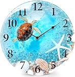 Horloge murale en verre nautique côtier avec conception de coquillages et thème de la plage de tortue - Décoration murale en silente pour la maison, la cuisine, le salon, le bureau, la chambre ou la salle de bains (12 Inch, bleu)