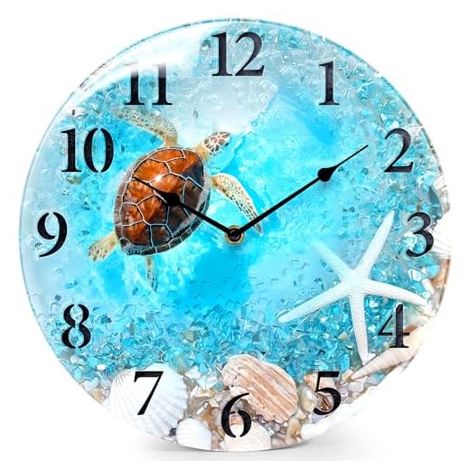 WISKALON Coastal Nautical Glass Wall Clock with Seashell Design and Turtle Beach Theme - Battery Operated Silent Wall Decor for Home, Kitchen, Living Room, Office, Bedroom, or Bathroom (12 Inch,Blue)