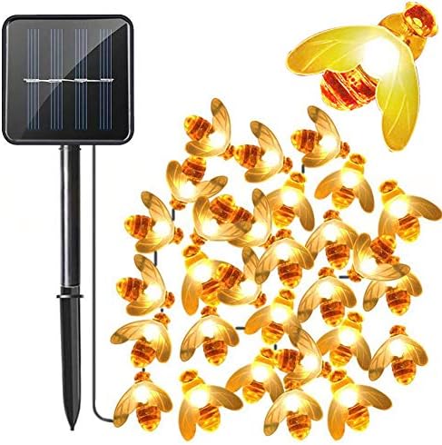 Honeybee String Lights, 21ft Solar Powered 30 LEDs Light, Waterproof Fairy Lights, Bumble Bee Shape Decor for Outdoor, Garden, Party, Wedding, Patio, Xmas Decoration (Warm White)