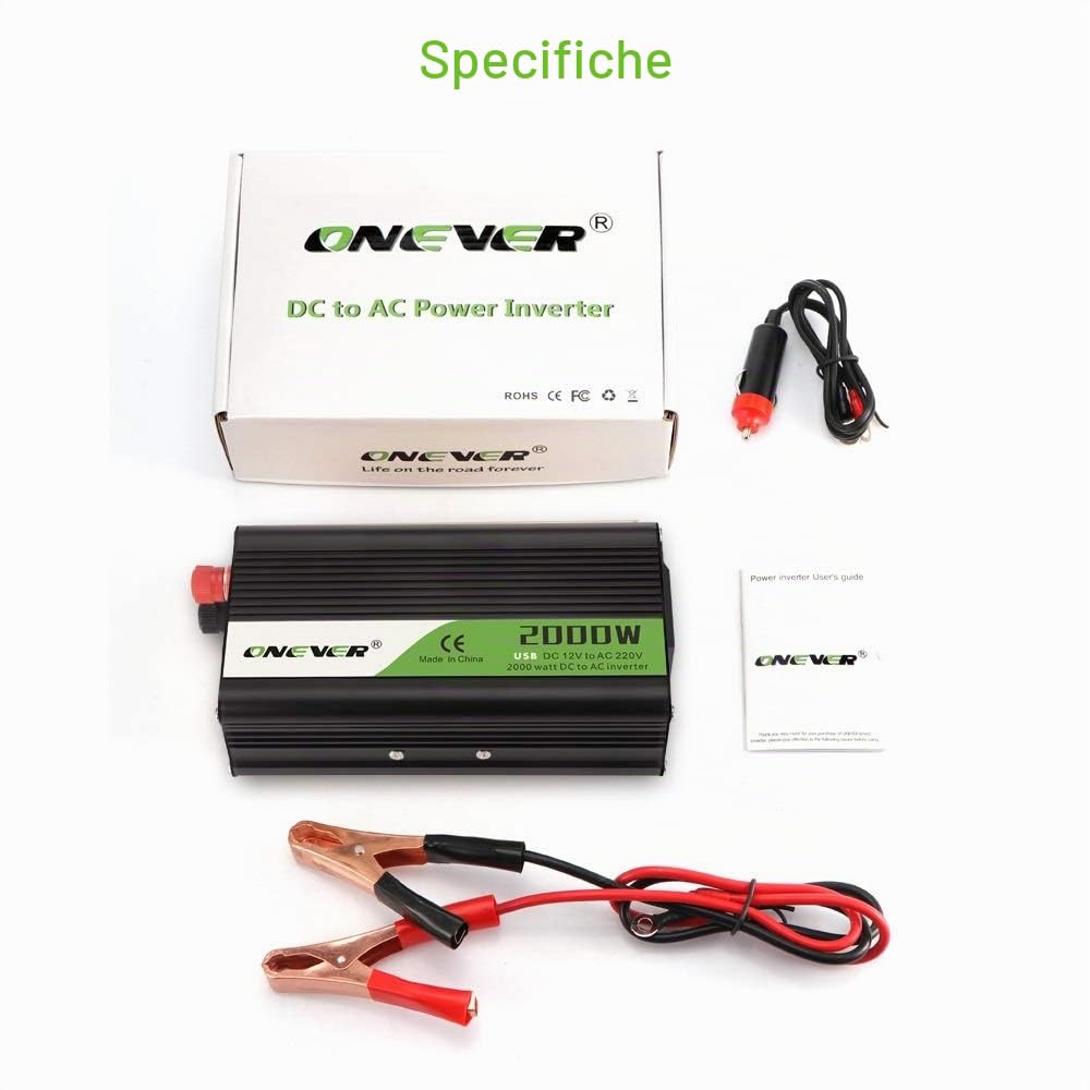 Inverter Auto Onda Pura 2000W 12V 220V Convertitore DC 12 V a 220V Porte USB 2.1A Caricatore da auto 1 pc Nero