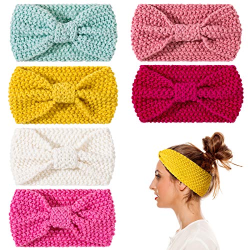 Whaline 6 Pieces Knit Headbands Winter Ear Warmers, Elastic Turban Head Wraps With Crocheted Bow Knot, Hair Band Accessories, Hair Scrunchies Scarves For Women Girls (Candy Colors) #TOP3