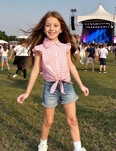 Image of Girls Sleeveless Plaid Button Down Shirt Summer Crop Tops Tie Knot Ruffle Sleeve Shirt Blouse 3-12Y