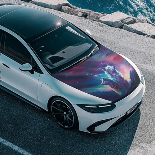 Image of Wolf Print Car Hood Cover Protector for SUV Sedans Trucks, Elastic Polyester Waterproof Sun-Proof Auto Hood Flag Patriotic Decorative Car Accessories