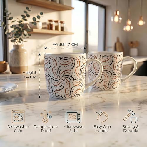 Image of UPC Coffee Mug Set of 6 | White Abstract Line Art Floral Print | Brown & Black Swirl Flower Pattern |Bone China Tea & Coffee Cups | Microwave Safe | Home & Kitchen