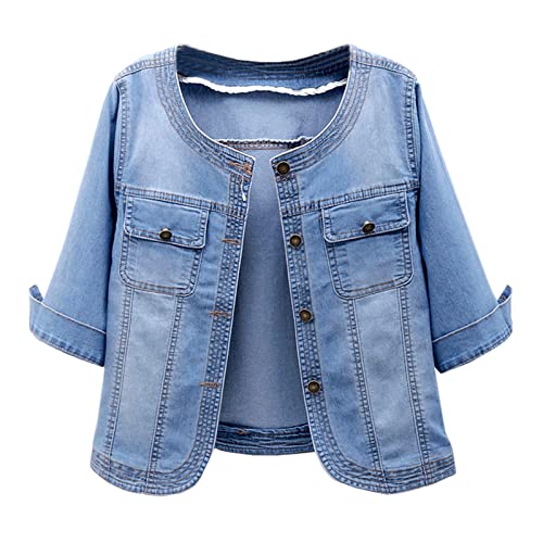 LifeShe Women Cropped Denim Jacket Button Down Collarless 3/4 Sleeve Jean Jacket With Pockets