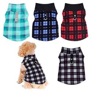 Rbenxia 4 Pieces Buffalo Plaid Dog Sweaters with Leash Ring Soft Fleece Vest Dogs Pullover Warm Jacket Pet Dogs Clothes Winter Dog Outfits for Small Puppy Cat Pets (Green, Blue, Grey, Red, X-Small)