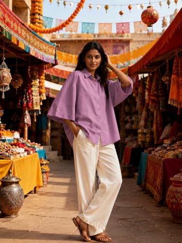 Image of Shirt for Women | Casual Button Down Long Sleeve Blouse | Oversized Striped Loose Fit Cotton Top with Pocket | Trendy Collar Aesthetics & Streetwear Tunics(34-S-1-5)