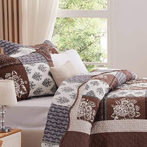 LEAONME 3 Pieces California King Size Quilt Set Brown Oversized 120x120 Inch Bedspread Coverlet Lightweight Microfiber Patchwork Bed Cover for All Seasons (1 Quilt, 2 Pillow Shams)