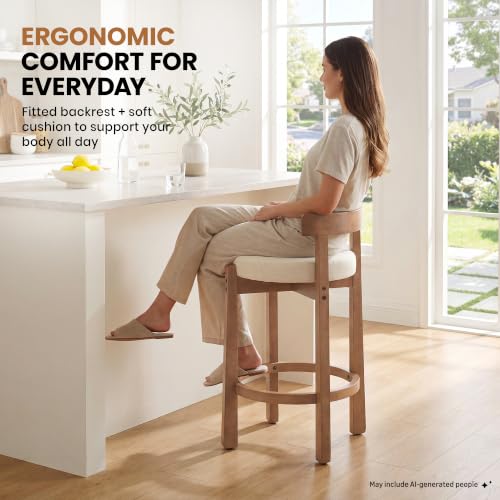 Image of LukeAlon Mid Century Linen Counter Stools Set of 6, Upholstered 26.5 inch Seat Height Low Barstools with Natural Wood Legs Round Low Back Kitchen Stools with Footrest for Dining Room, Beige