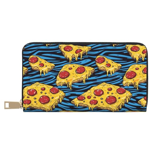 Leather Thin Slim Wallets for Women Men - Fashion Pizza Blue Black Stripes Print Card Wallet Holder with Zipper