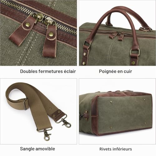 S-Zone Grand Sac de Voyage en Toile avec Bordure en Cuir véritable - 60 l - Unisexe, Vert Militaire, x-Large – vue 6