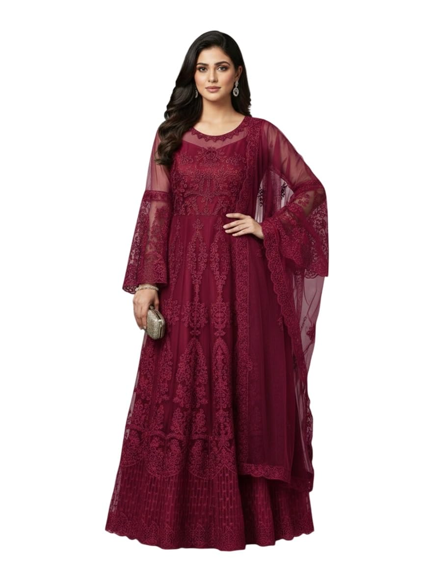 Aika Creation Women's Net Embroidered Semi-Stitched Gown Vedika Gown Dark Rani-Gem-picture-12