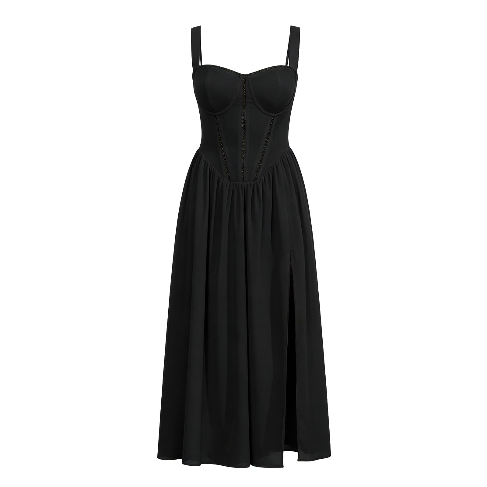 Damen Abendkleid Lang Elegant Kleid mit Schlitz und Rückenausschnitt Sexy Trägerkleid Festlich Maxikleid Hohem Beinschlitz und Verstellbaren Spaghettiträgern