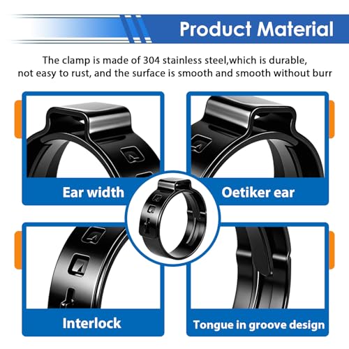 Image of 62Pcs 7 Sizes 304 Stainless Steel Black Single Ear Hose Clamps 6-23.5mm Crimp Hose Clamps Assortment Kit Perfect for Automotive /Home Appliance /Water Pipe and Fuel Line