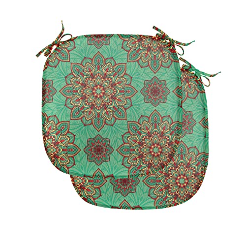 Ambesonne Turquoise Chair Seating Cushion Set of 2, Eastern Oriental Pattern of Mandala Traditional Geometric Art, Anti-Slip Seat Padding for Kitchen & Patio, 16