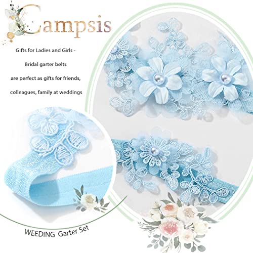 Campsis Bridal Garter Set Blue Pearl Flower Bride Wedding Garters Belt Handmade Crystal Strecth Lace Leg Rings Wdedding Gift Prom Party For Women And Girls 2Pcs #TOP4
