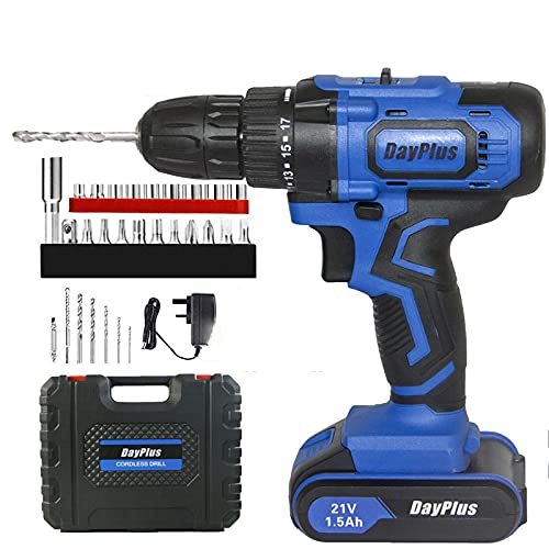 45Nm Akkuschrauber Bohrmaschine 18+1 Drehmoment Akku-Akkuschrauber Bohrschrauber, 1 × 1.5Ah Li-Ion Akku, Schlagbohrschraube, 2-Gang, LED-Licht, Tragbare Werkzeugkasten, 29-tlg. Zubehörteile