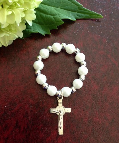 White Pearl and Silver Religious Finger Rosary with Silver Crucifix - Set of 10