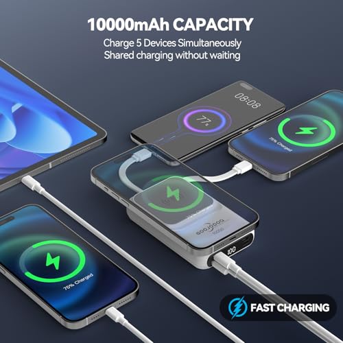 Image of GOOJODOQ Magsafe Power Bank Wireless Powerbank 10000mAh with 20W Magnetic Wireless Fast Charging, 22.5 Wired Output Compatible with iPhone 12 & Above,Type C Smartphones,Tablets(White)