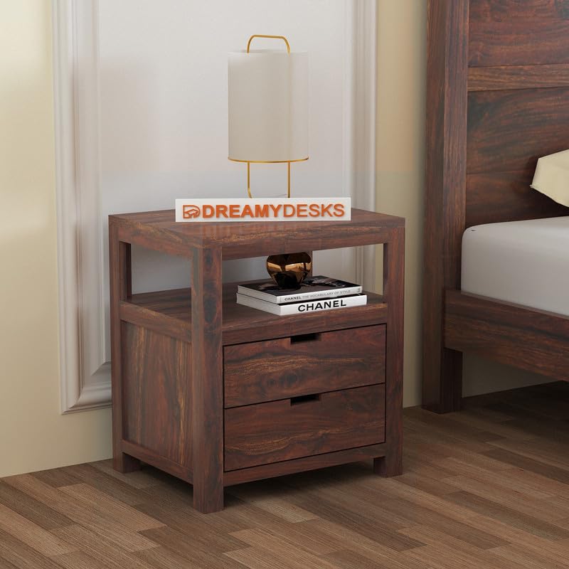 Image of Solid Sheesham Wood Bedside Table with 2 Drawer & 1 Open Shelf Storage for Bedroom, End Table, Side Table for Living Room Home (Walnut Finish)