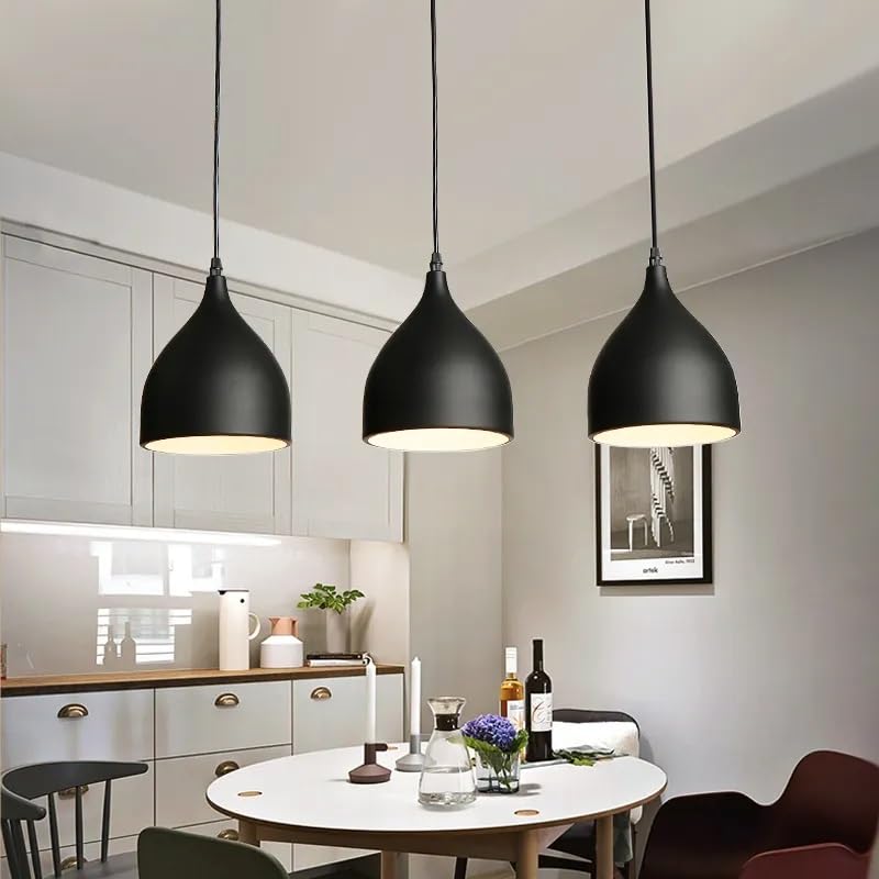 Image of GreyWings Modern Triple Black Dome Pendant Hanging Light for Ceiling, Aluminium, Drop, Antique Decor, (Bulb is not Included) White, 3 Lamp Linear Set