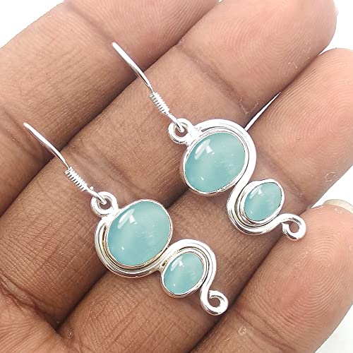 Sterling Silver 925 Drop Dangle Earrings For Women & Girls Genuine Aqua Chalcedony Drop Dangle Earrings Sterling Silver Drop Dangle Earrings Bezel Set Gemstone Dainty Dangle Earrings #TOP30