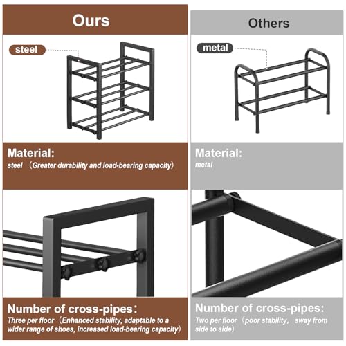 3-Tier Expandable Shoe Rack, Adjustable Shoe Shelf Storage Organizer Heavy Duty Metal Free Standing Shoe Rack for Entryway Closet Doorway (Black) - Image 4