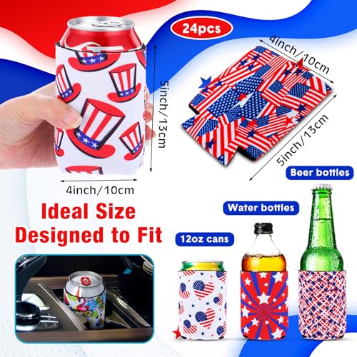 Image of Tioncy 24 Pcs 4th of July Slim Can Sleeves Independence Day Can Cooler Patriotic Skinny Insulators American Flag Neoprene Insulated Slim Cooler for 12 oz Beverage Bottle(Flag Style,5.12 x 3.94 Inches)