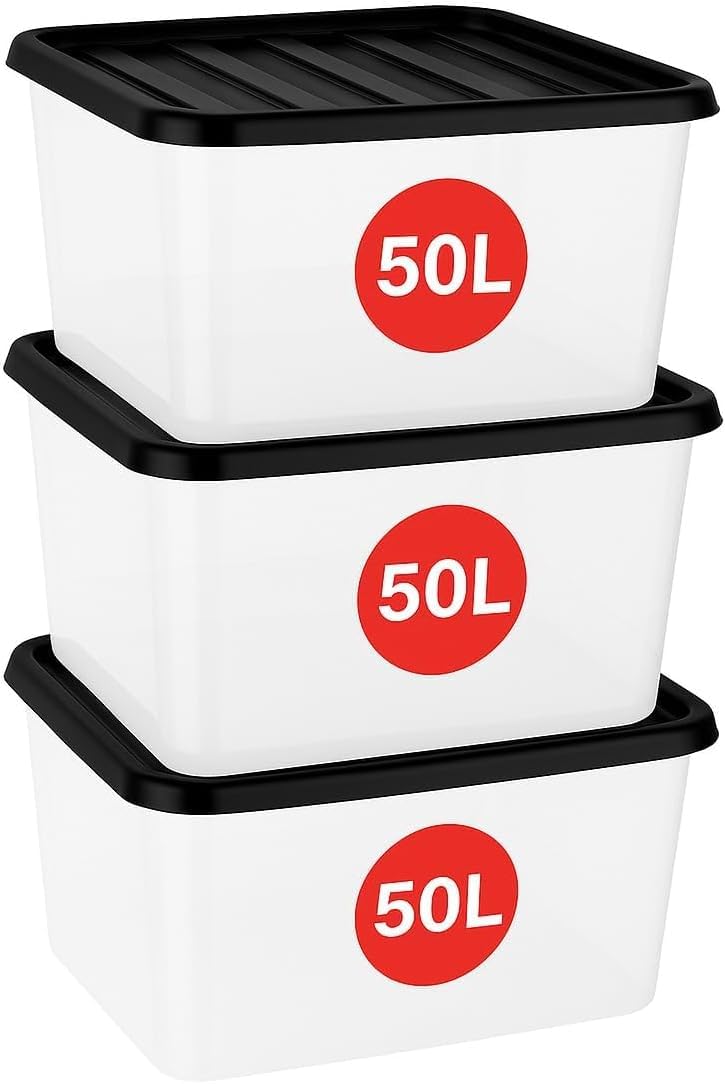Marco Paul 3 Pack 50L Storage Boxes with Lids Clear Plastic Storage Containers Stackable Storage Bins Heavy Duty Home Storage Organiser for Garage Office Clothes Toys